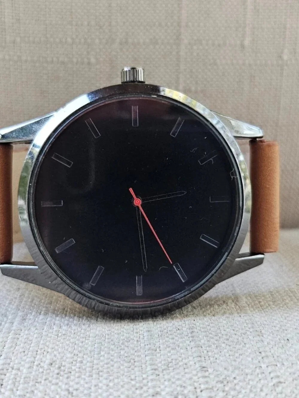 Fashion Men Wristwatch Brown Faux Leather Vegan Strap Quartz Black Face Watch